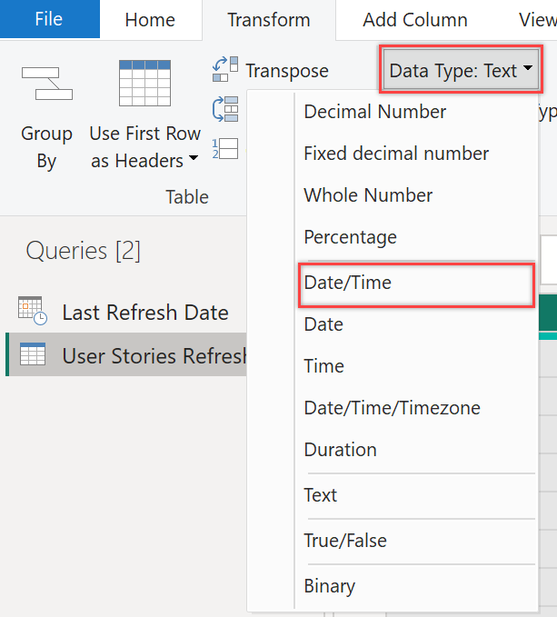 Snímek obrazovky s nabídkou Transformace a možností Změnit datový typ na Datum a čas 