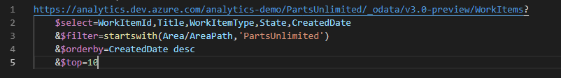 Snímek obrazovky znázorňující rozšíření OData editoru Visual Studio Code se zvýrazněním syntaxe