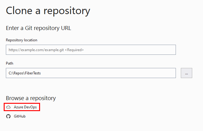 Snímek obrazovky s oknem Clone Repository (Klonovat úložiště) v sadě Visual Studio