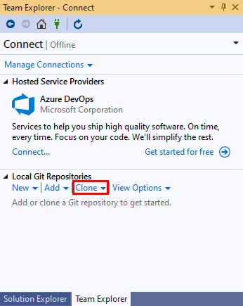 Snímek obrazovky s odkazem Clone (Klonovat) v zobrazení Připojení Team Exploreru v sadě Visual Studio 2019