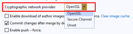 Snímek obrazovky s nastavením zprostředkovatele kryptografických sítí s vybranou možností OpenSSL v Team Exploreru v sadě Visual Studio 2017