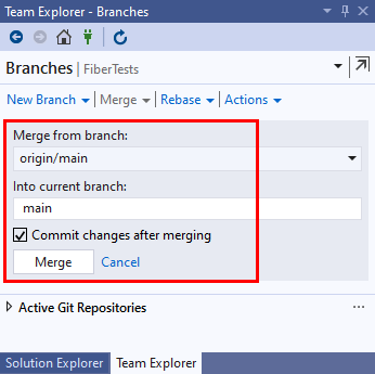 Snímek obrazovky s podrobnostmi o sloučení v zobrazení Větve v Team Exploreru v sadě Visual Studio 2019