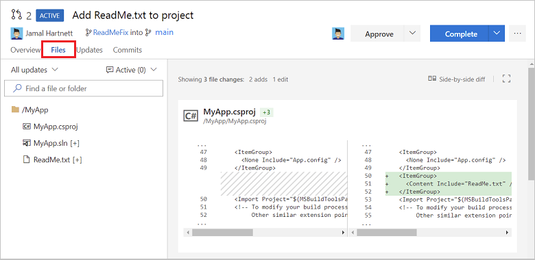 Snímek obrazovky s rozdílovým zobrazením souboru na kartě Soubory žádosti o přijetí změn v Azure Repos