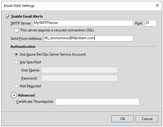 Snímek obrazovky s konfigurací serveru SMTP