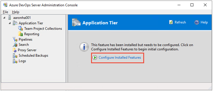Snímek obrazovky s průvodcem Azure DevOps Server Configuration Center, aplikační vrstvou, zvolte Konfigurovat nainstalované funkce.