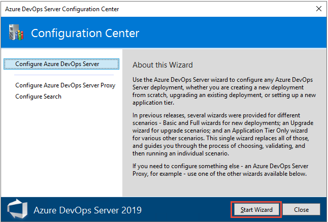 Snímek obrazovky Konfiguračního centra, Průvodce spuštěním Azure DevOps Server 2019.