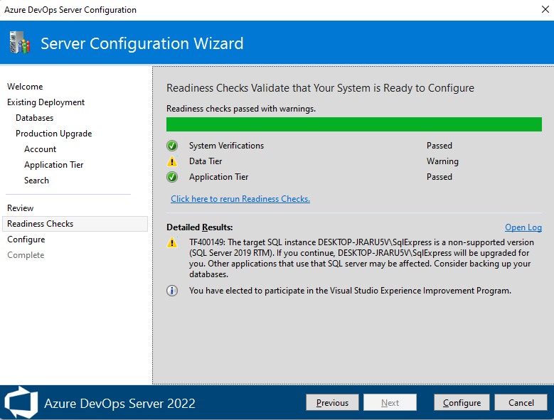 Snímek obrazovky Průvodce konfigurací serveru, stránky Kontroly připravenosti Azure DevOps Server 2022