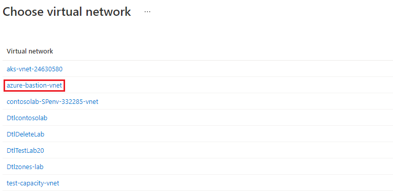 Snímek obrazovky se stránkou Zvolit virtuální síť se seznamem virtuálních sítí