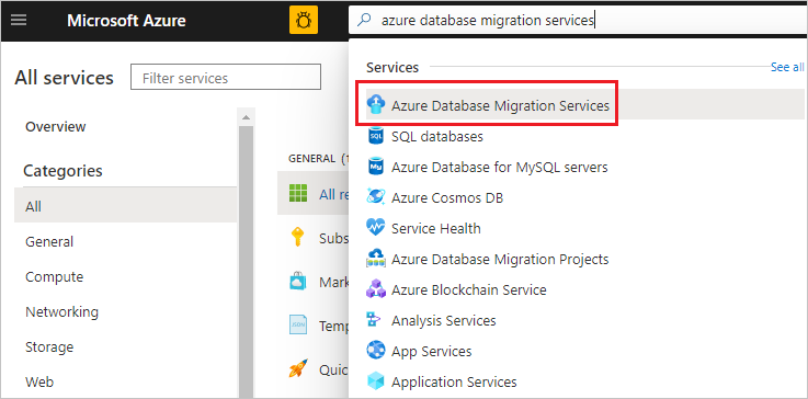 Snímek obrazovky s Azure Database Migration Service hledání