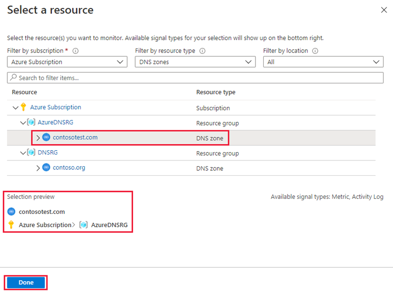 Screenshot of select resource page in configuring alerts.
