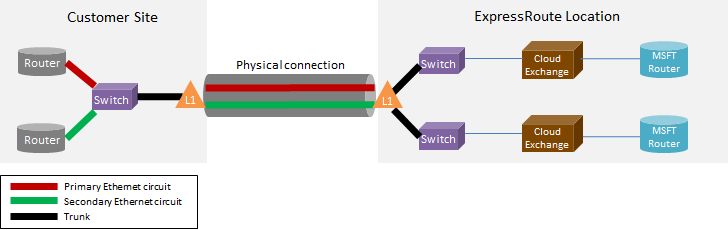 Diagram znázorňující primární a sekundární virtuální okruhy vrstvy 1 (L1), které tvoří fyzické připojení mezi přepínači v lokalitě zákazníka a umístěním ExpressRoute