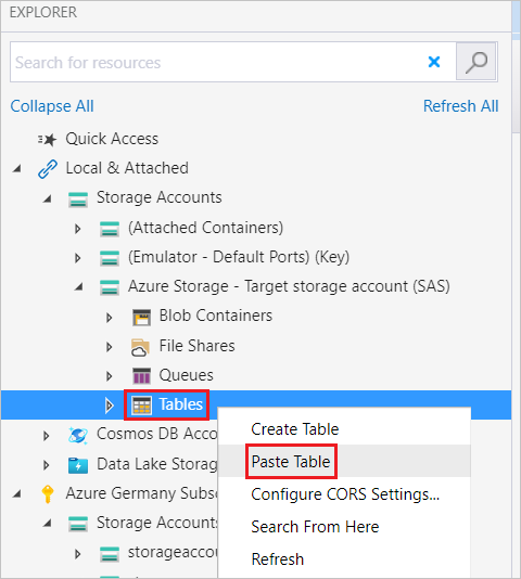 Nabídka Vložit tabulku vybraná z cílové služby Azure Storage