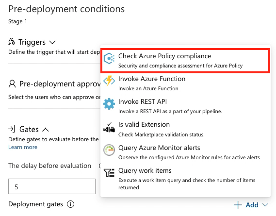 Snímek obrazovky Azure Policy Gate
