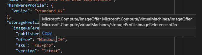Snímek obrazovky s rozšířením Azure Policy pro Visual Studio Code, které najede myší na vlastnost, aby se zobrazily názvy aliasů
