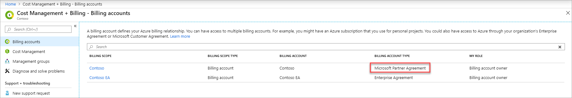 Snímek obrazovky zobrazující smlouvu s partnerem Microsoftu na stránce se seznamem fakturačních účtů