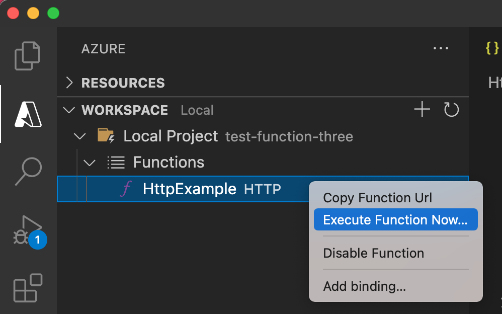 Snímek obrazovky se spuštěnou funkcí z editoru Visual Studio Code