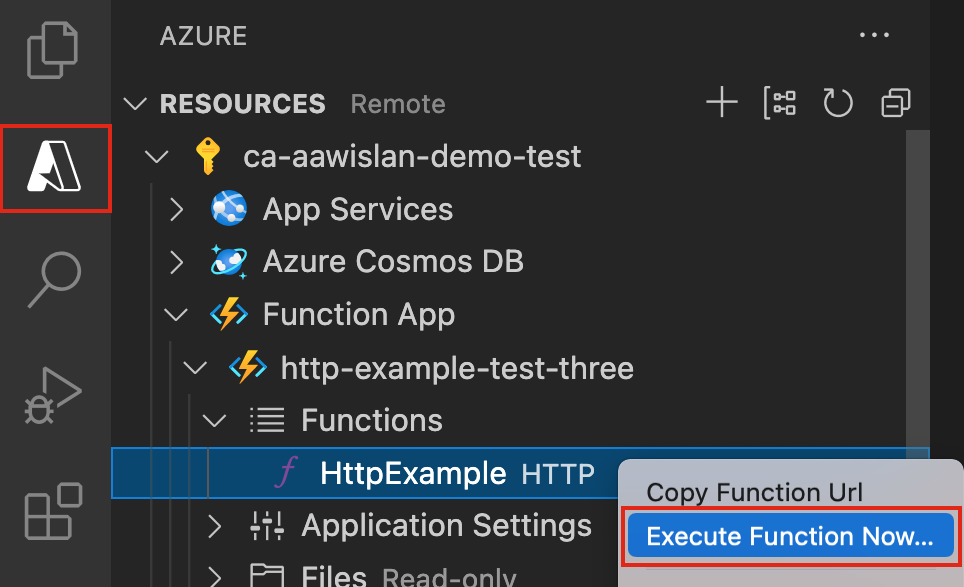 Snímek obrazovky se spouštěním funkce v Azure z editoru Visual Studio Code