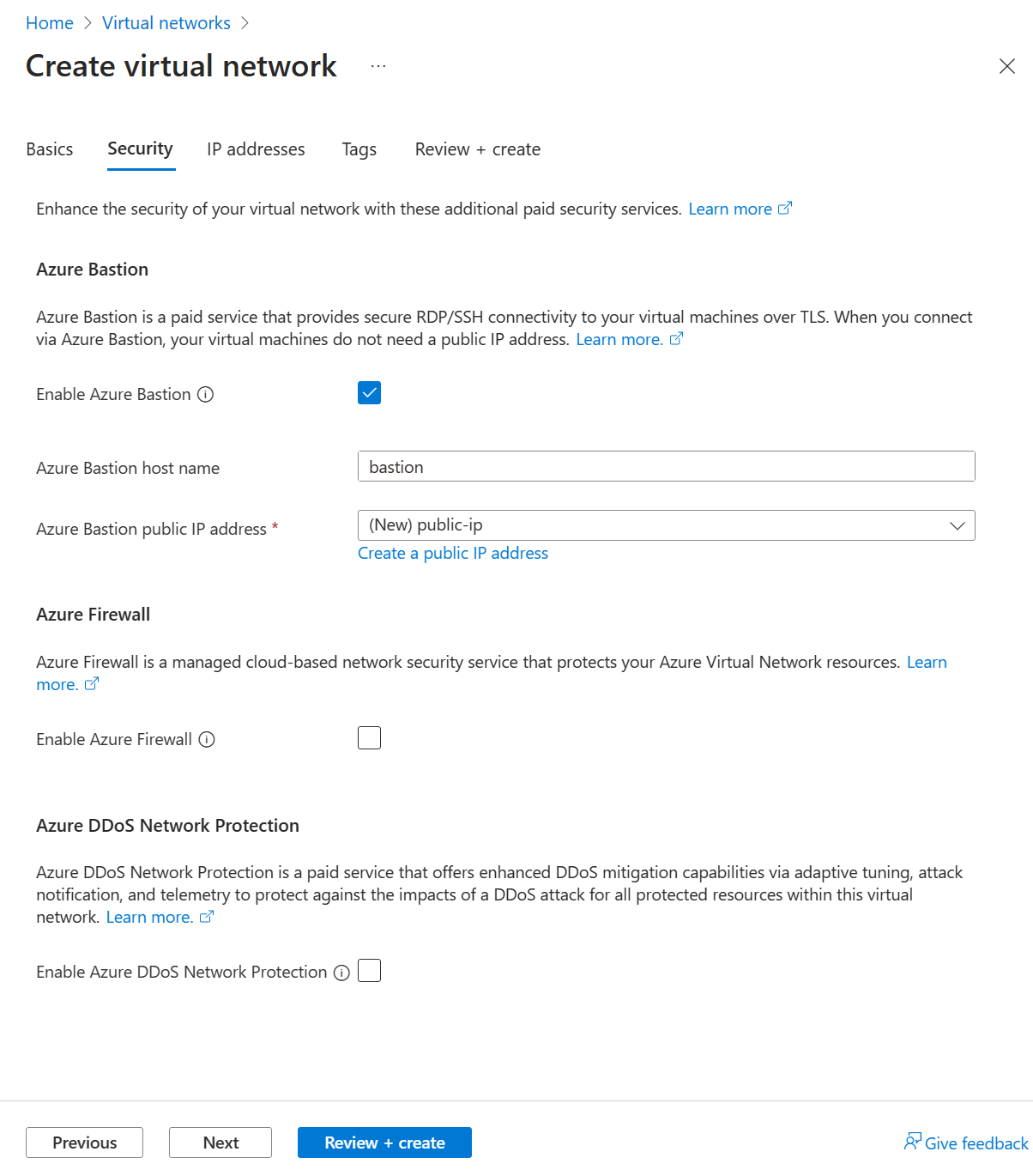 Snímek obrazovky s možnostmi pro povolení hostitele Služby Azure Bastion v rámci vytváření virtuální sítě na webu Azure Portal