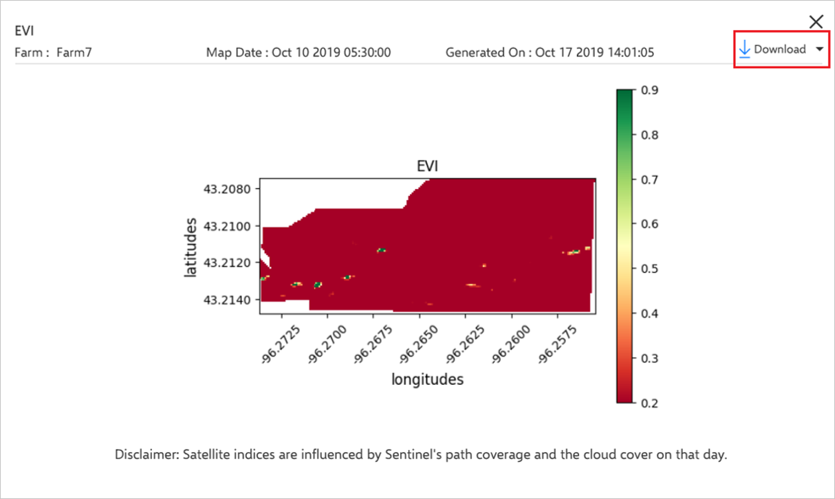 Náhled mapy vybraných satelitních indexů