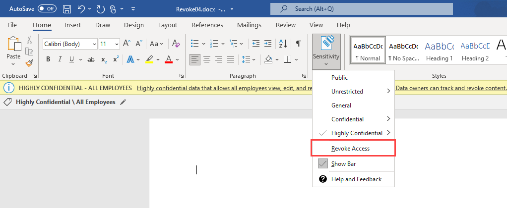 Snímek obrazovky s možností Odvolat přístup z Microsoft Wordu