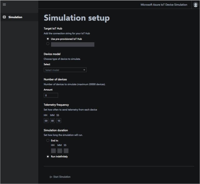 Snímek obrazovky znázorňující řídicí panel řešení simulace zařízení