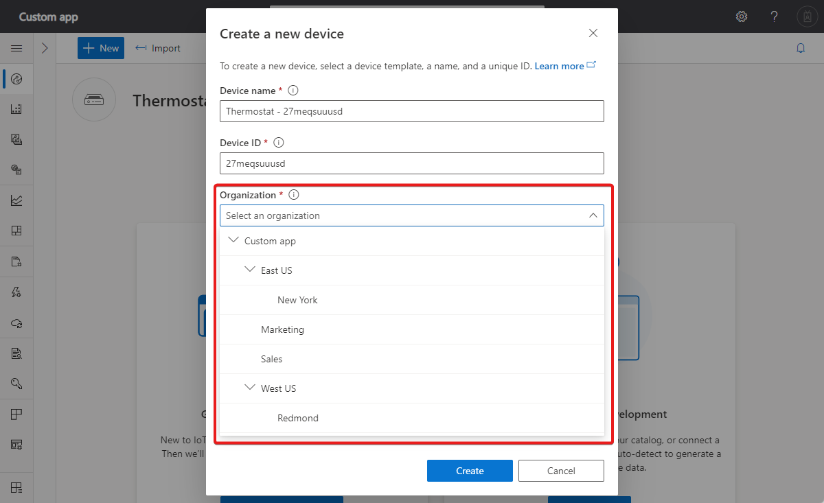 Screenshot that shows how to assign a device to an organization.