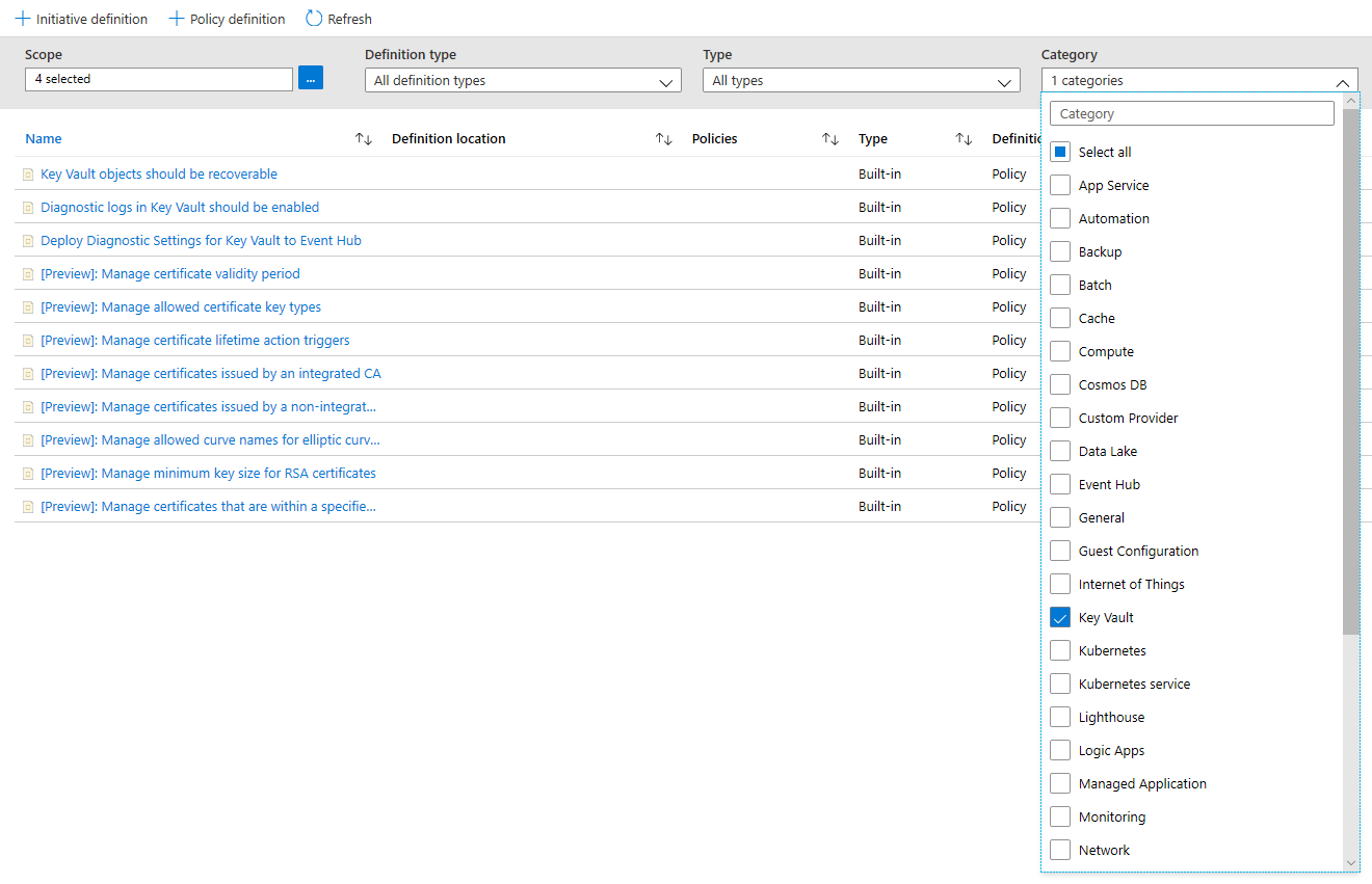Snímek obrazovky znázorňující filtr kategorií a vybranou kategorii služby Key Vault