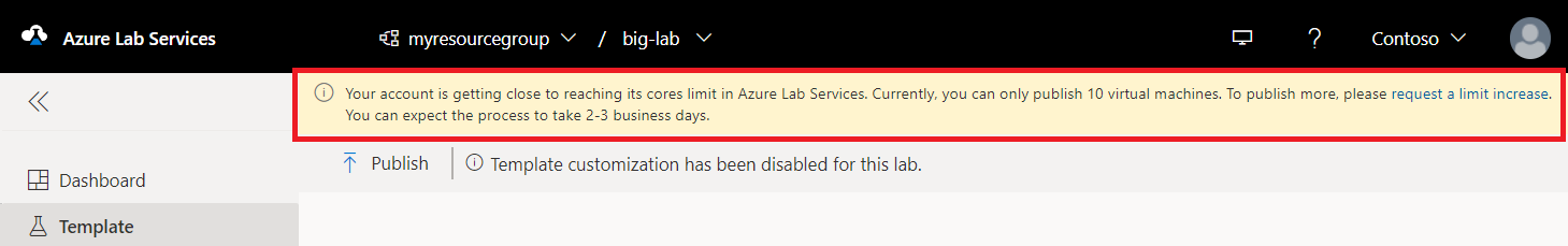 Snímek obrazovky s upozorněním na limit počtu jader ve službě Azure Lab Services
