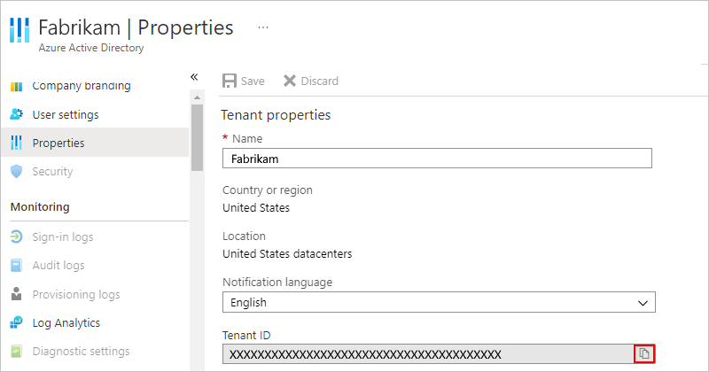 Snímek obrazovky s podoknem Vlastnosti ID Microsoft Entra s vybraným tlačítkem pro kopírování ID tenanta