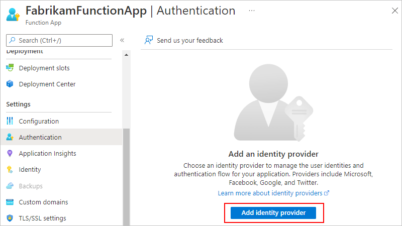 Snímek obrazovky s nabídkou aplikace funkcí s vybraným podoknem Ověřování a možností Přidat zprostředkovatele identity