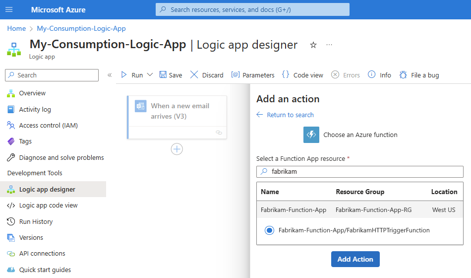 Snímek obrazovky se službou Consumption zobrazující vybranou aplikaci funkcí a funkci