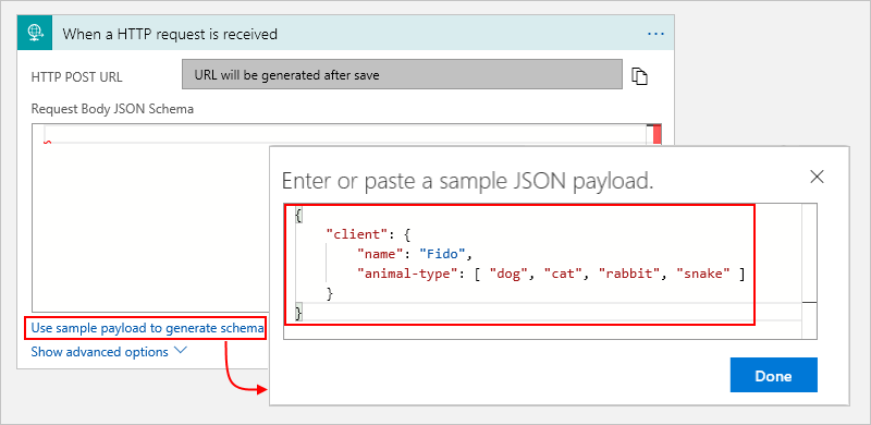 Snímek obrazovky znázorňující akci Při přijetí požadavku HTTP s ukázkovou datovou částí JSON