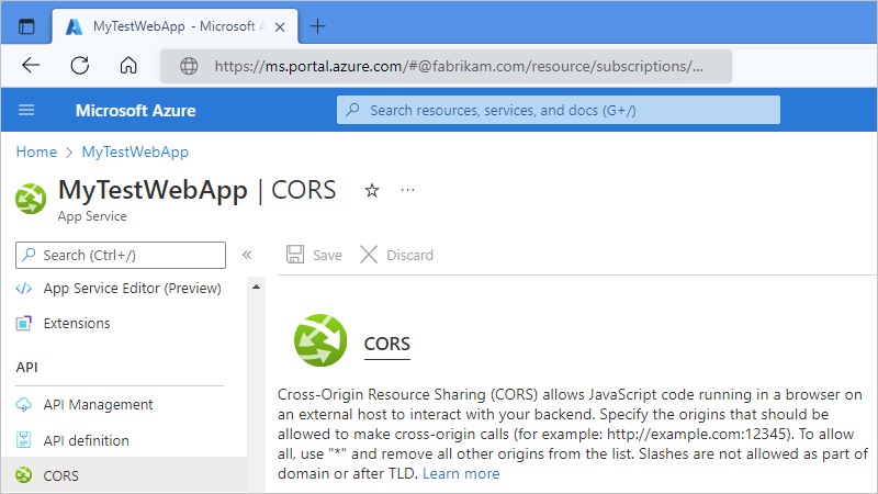 Snímek obrazovky ukazuje podokno CORS webové aplikace s povolenými zdroji nastaveným na *, což umožňuje vše.
