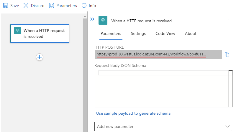 Snímek obrazovky znázorňující návrháře pro jednoho tenanta a vygenerovanou adresu URL pro trigger požadavku
