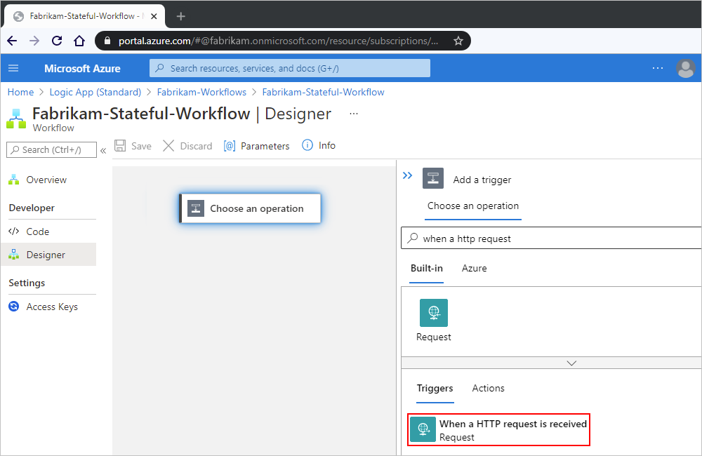Snímek obrazovky znázorňující Azure Portal a návrháře pro jednoho tenanta, ve vyhledávacím poli 
