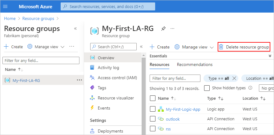 Screenshot showing Azure portal with selected resource group and button for 