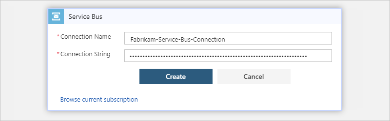 Zadejte název připojení a připojovací řetězec služby Service Bus.