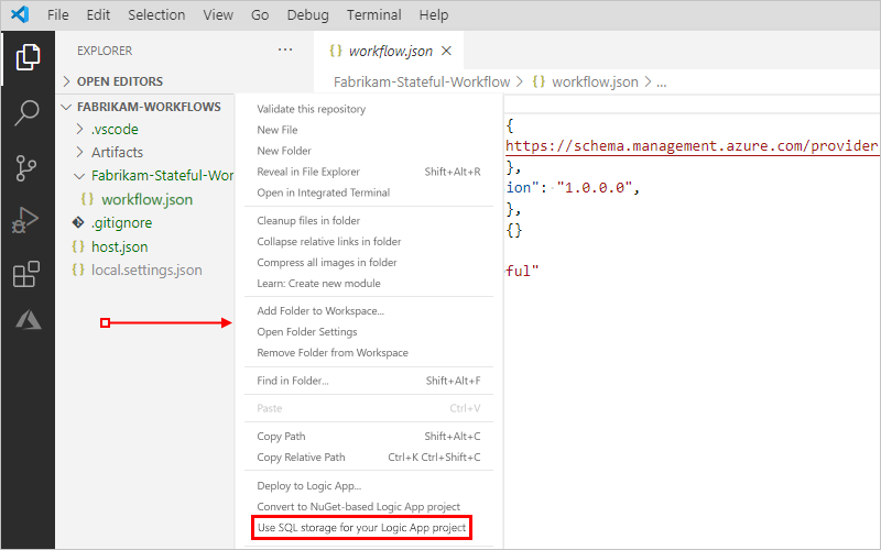 Snímek obrazovky znázorňující Visual Studio Code, podokno Průzkumníka a ukazatel myši v kořenovém adresáři projektu v prázdné oblasti, otevřenou místní nabídku a vybranou možnost Použít úložiště SQL pro projekt aplikace logiky