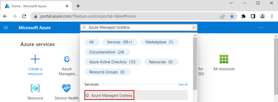 Snímek obrazovky platformy Azure Najděte azure Managed Grafana na marketplace.