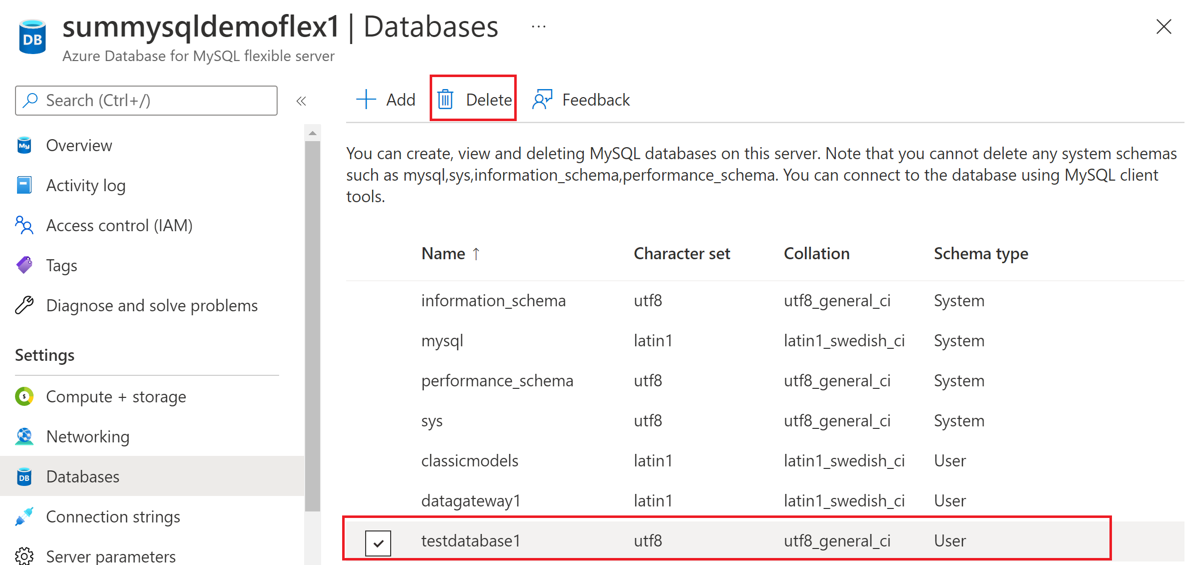 Screenshot showing how to delete a database on Azure Database for MySQL flexible server