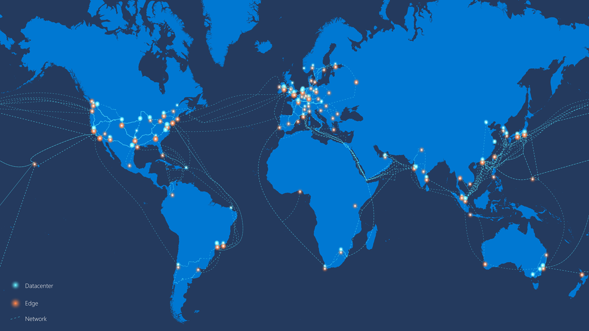 Diagram globální sítě Microsoftu
