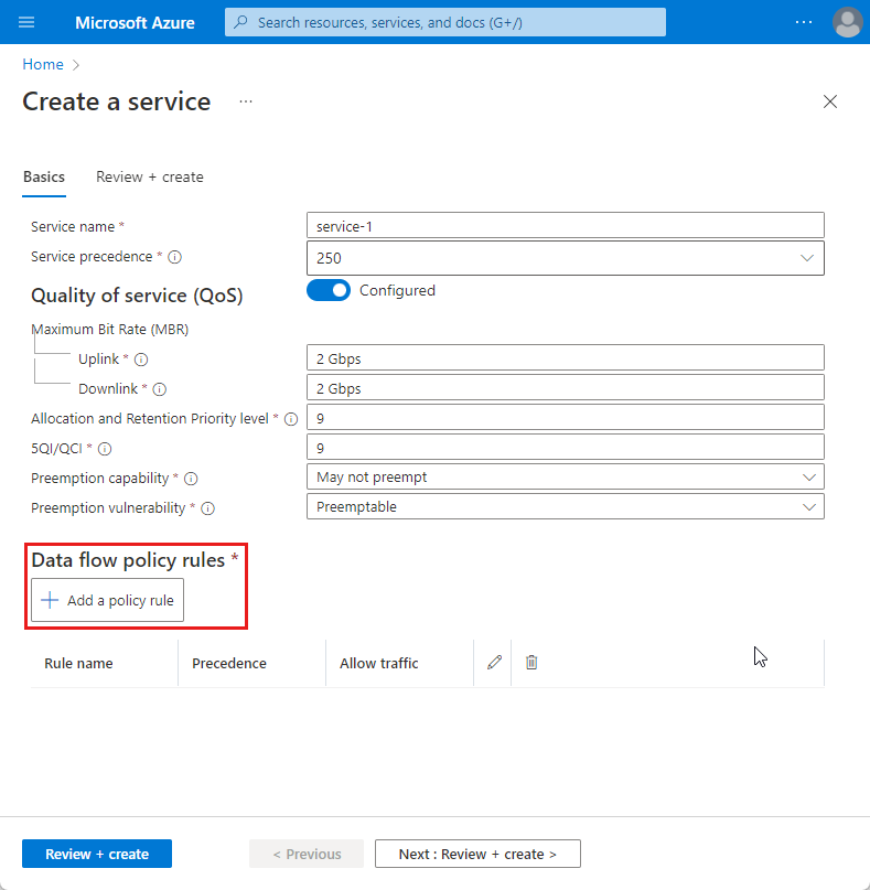 Screenshot of the Azure portal. It shows the Add policy rule button on the Basics configuration tab for a service.