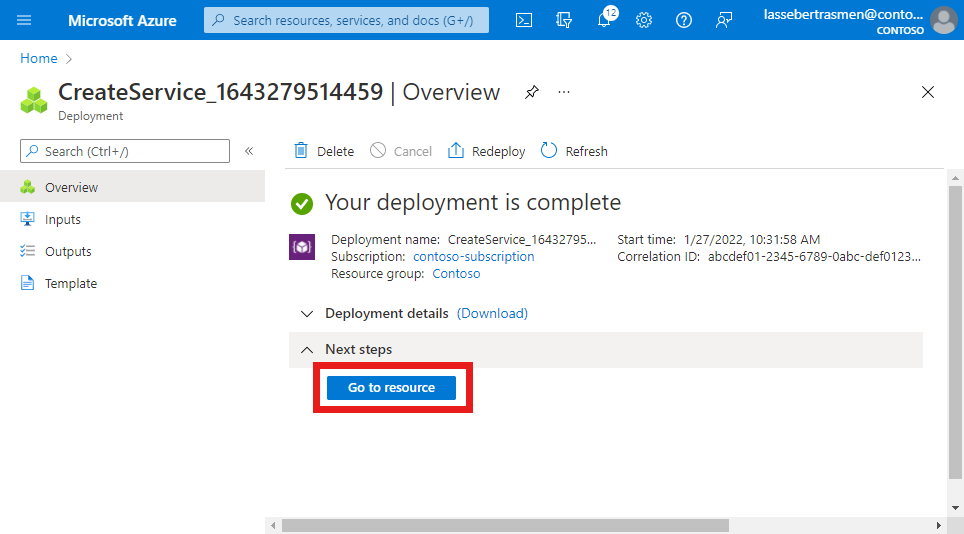 Screenshot of the Azure portal showing the successful deployment of a service resource and the Go to resource button.