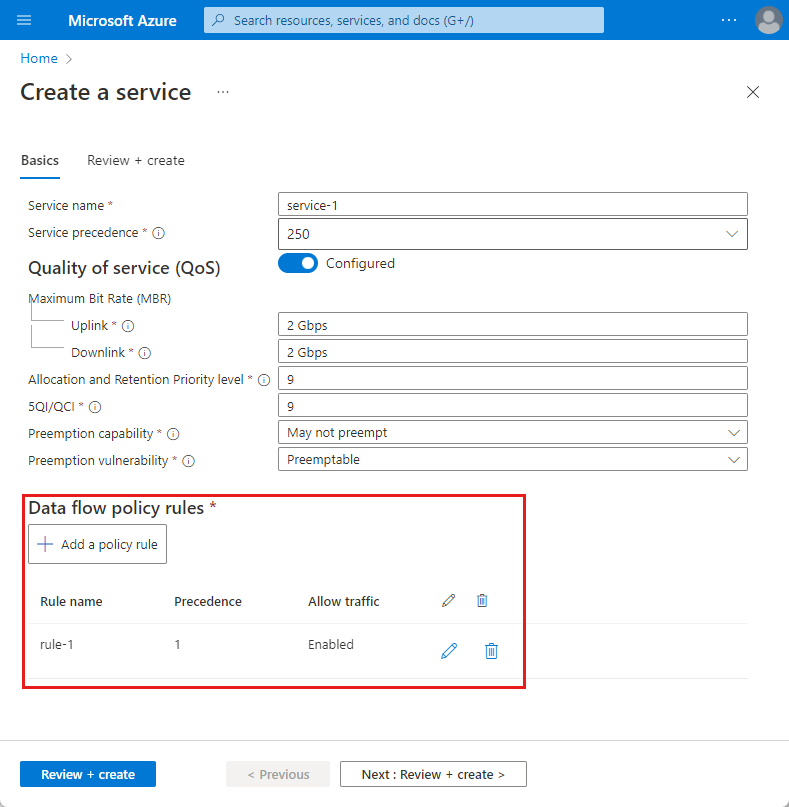 Screenshot of the Azure portal. It shows a service with a data flow policy rule configured under the Traffic rules section.