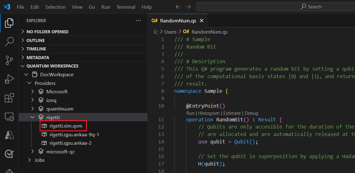 Snímek obrazovky editoru Visual Studio Code znázorňující výběr simulátoru Rigetti jako target.