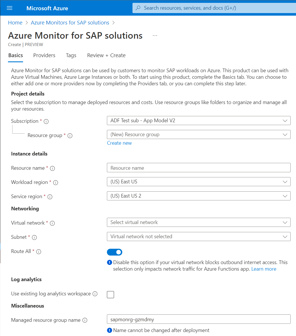 Snímek obrazovky se základními podrobnostmi o instanci řešení Azure Monitor pro SAP