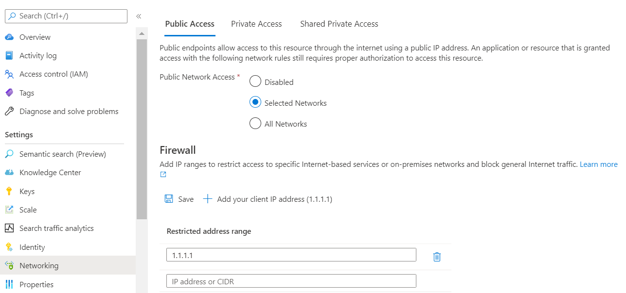 Snímek obrazovky s přidáním IP adresy klienta do brány firewall vyhledávací služby