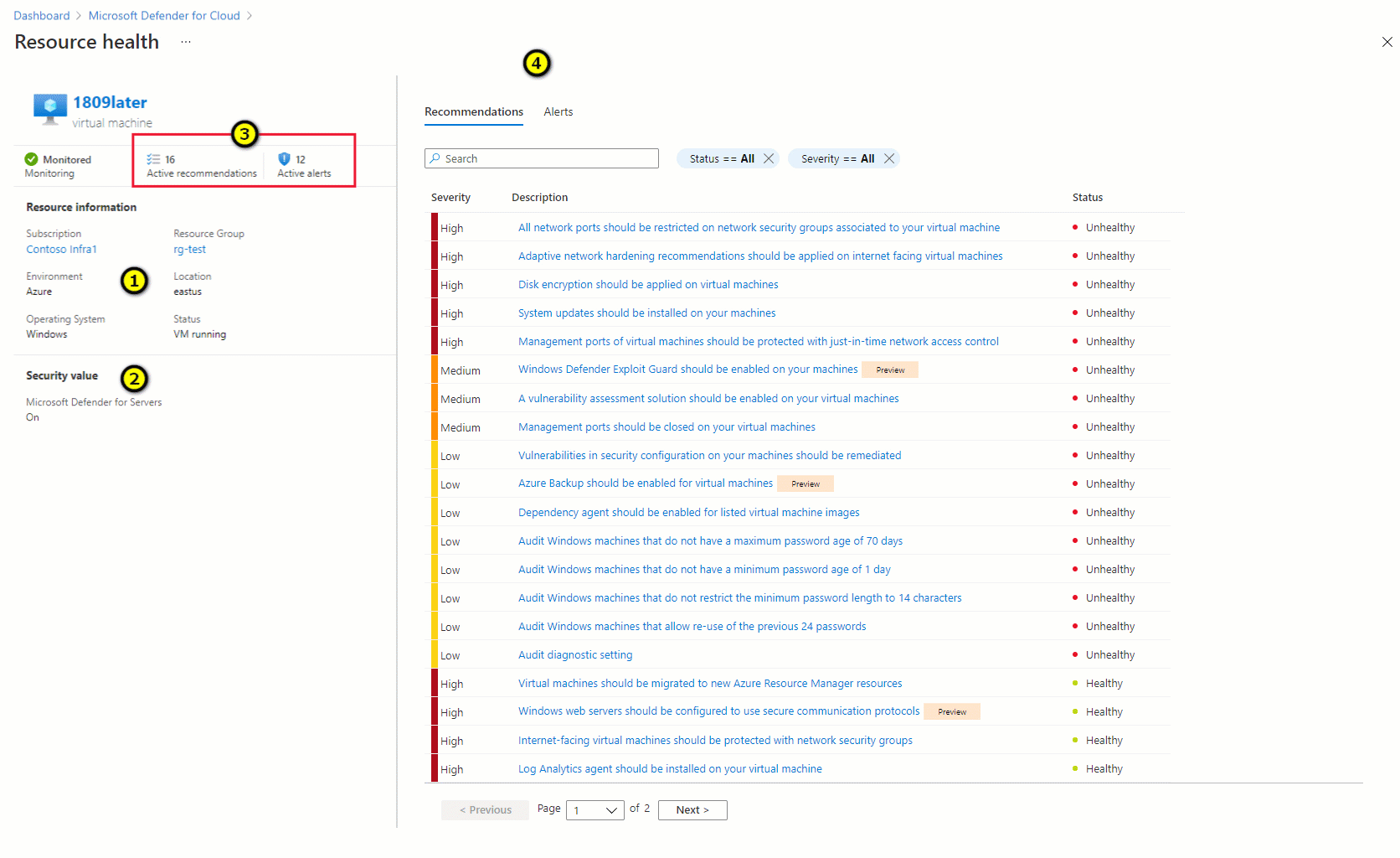 Stránka stavu prostředků služby Azure Security Center zobrazující informace o stavu virtuálního počítače