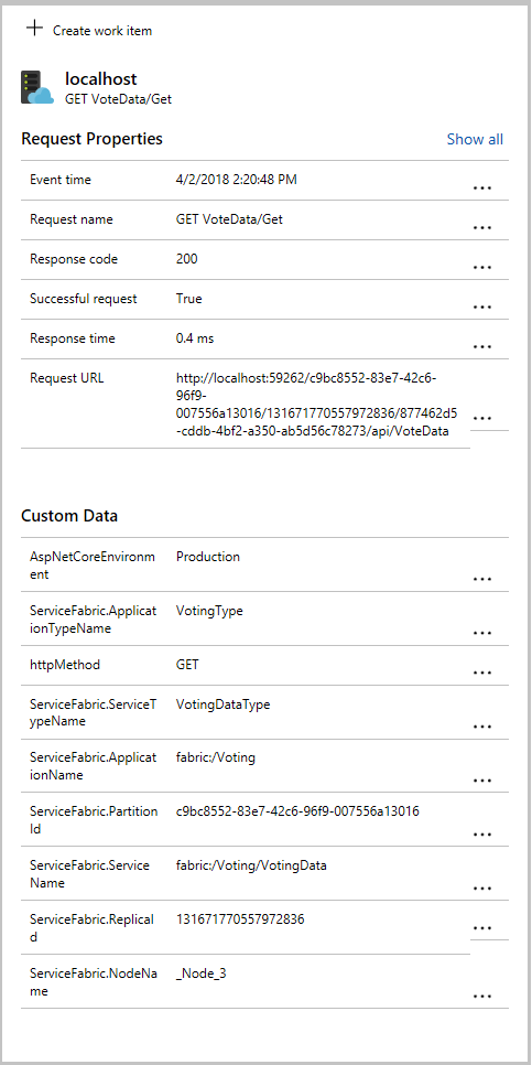 Snímek obrazovky s dalšími podrobnostmi, včetně dat specifických pro Service Fabric, která se shromažďují v balíčku NuGet služby Application Insights Service Fabric