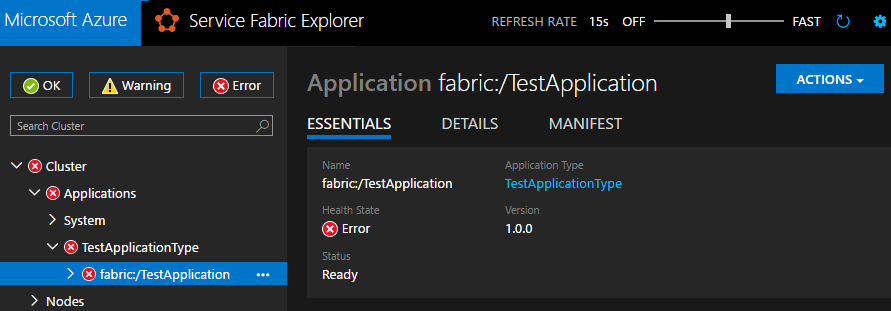 Aplikace, která není v pořádku, ve Service Fabric Explorer